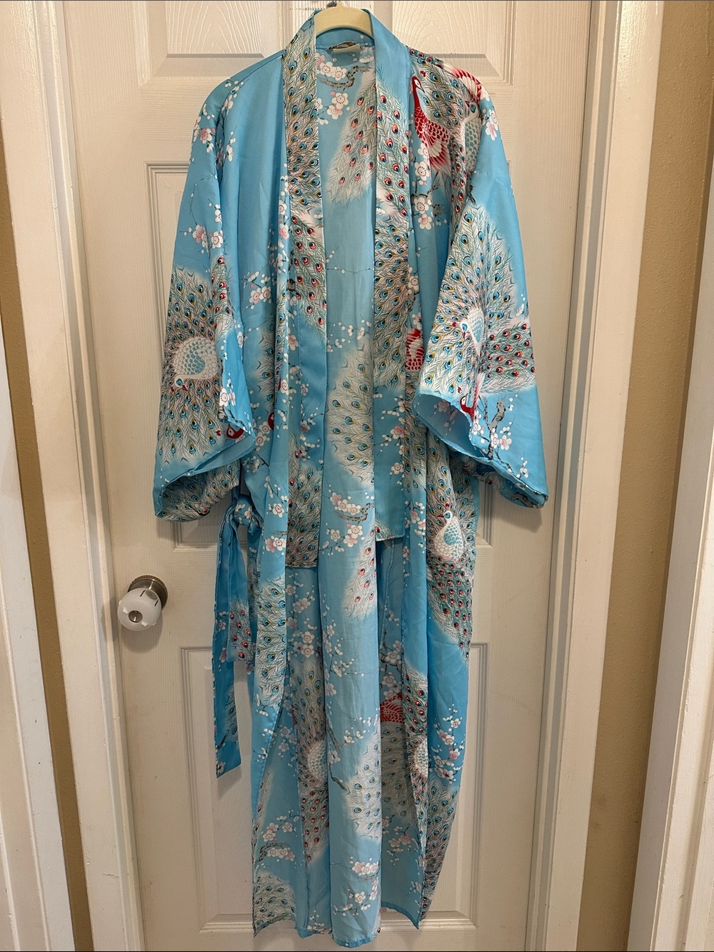 Vintage Kimono from Japan Light Blue with Gorgeous Peacock Print 🦚